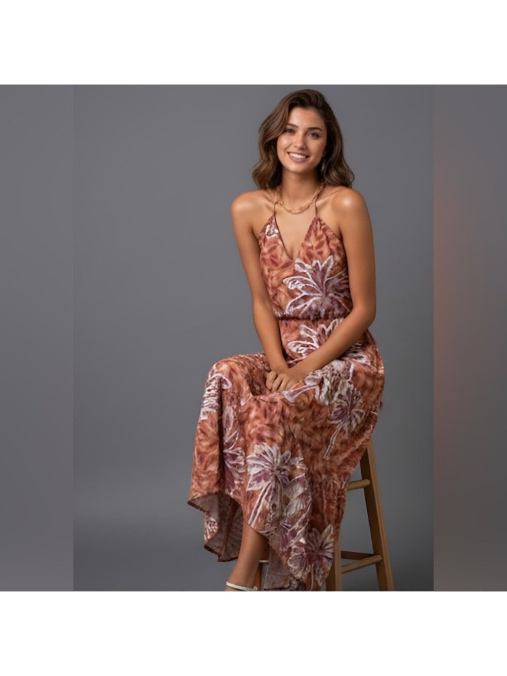 Tropical Print Ruffle Hem Tie Back Halter Dress - Picture 3 of 10